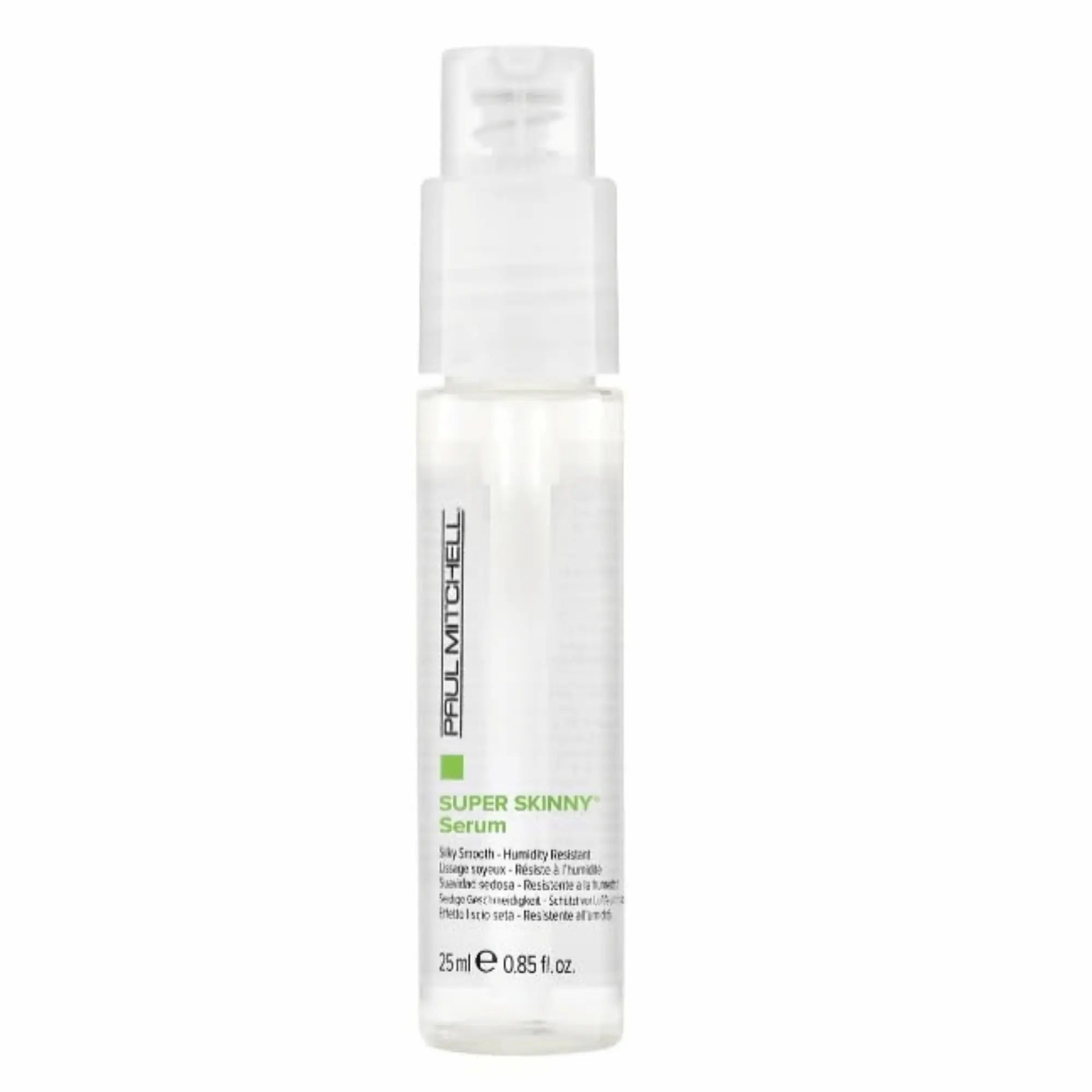 Bouteille transparente de sérum Paul Mitchell Super Skinny 25ml : contrôle des frisottis et douceur soyeuse, avec bouchon pompe blanc.