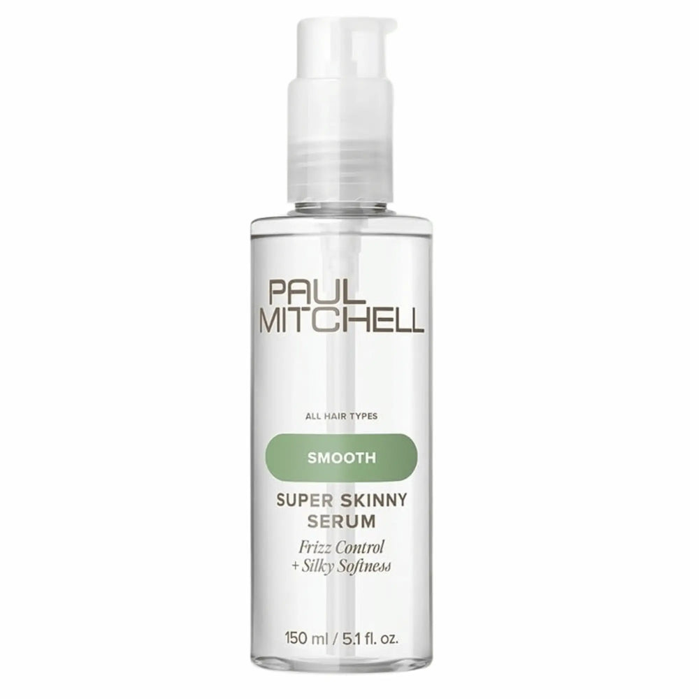 Bouteille transparente de sérum Paul Mitchell Super Skinny 150ml : contrôle des frisottis et douceur soyeuse, avec bouchon pompe blanc.
