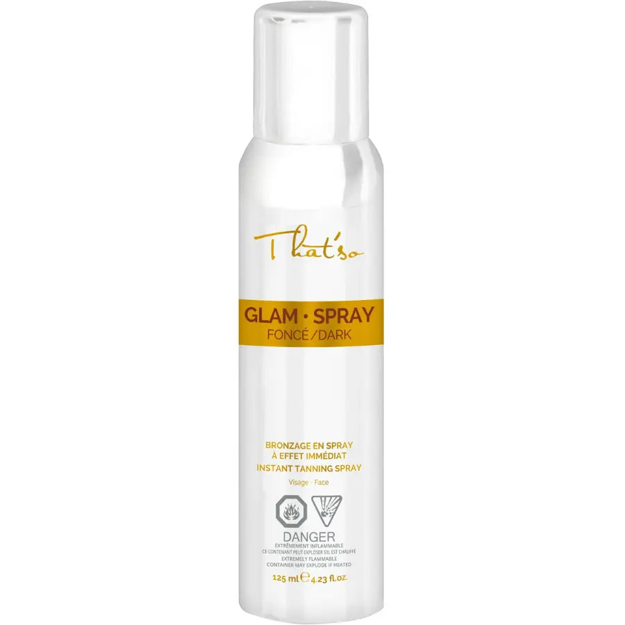 Flacon blanc de spray autobronzant That'so Glam Spray Dark : pour un bronzage instantané naturel d'intensité moyenne, dans un format de 125 ml.