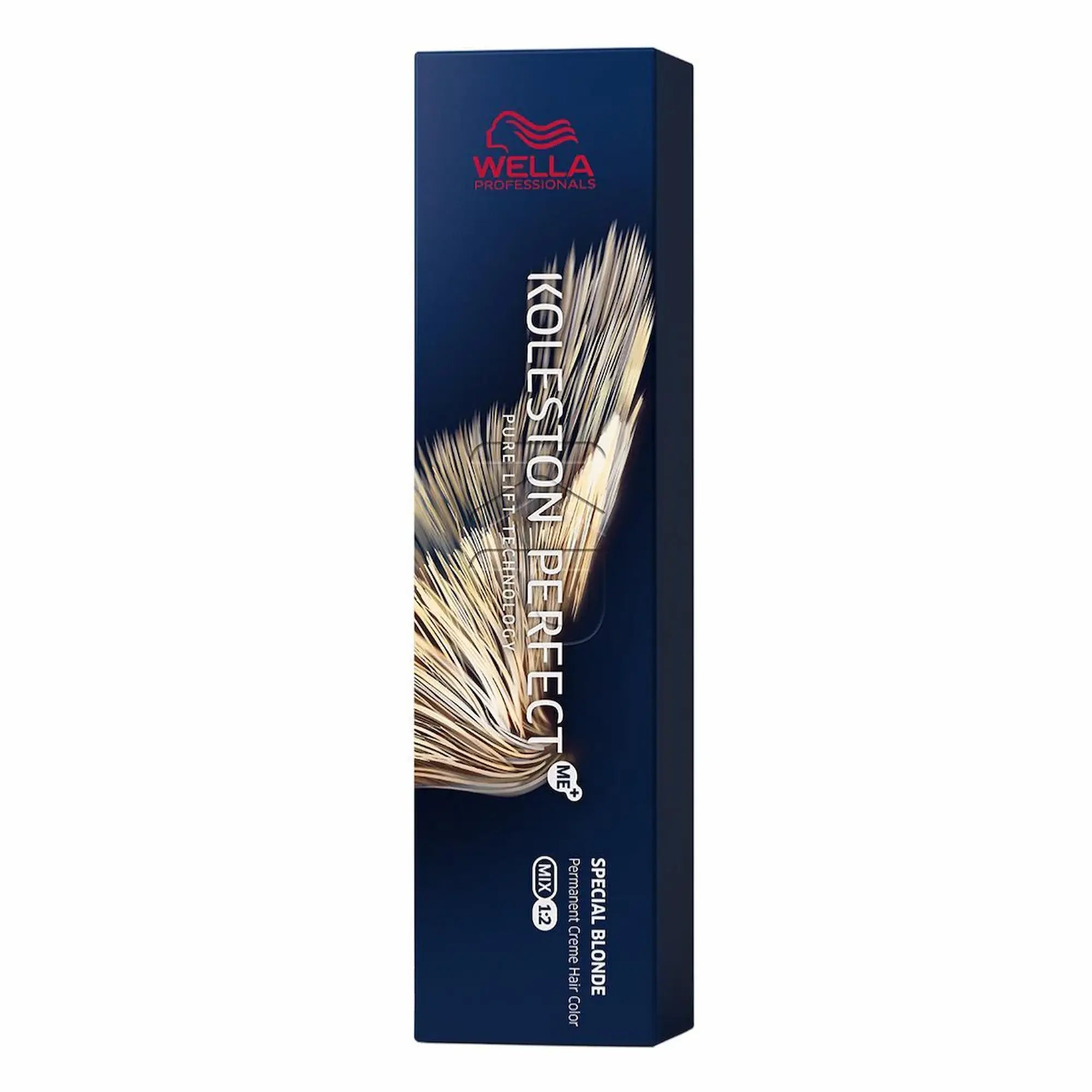 Boîte bleu foncé et tube argenté de 60 ml de Wella Koleston Perfect Special blonde. L'emballage indique "Pure Balance Technology" et "Permanente Creme Colour" en plusieurs langues.