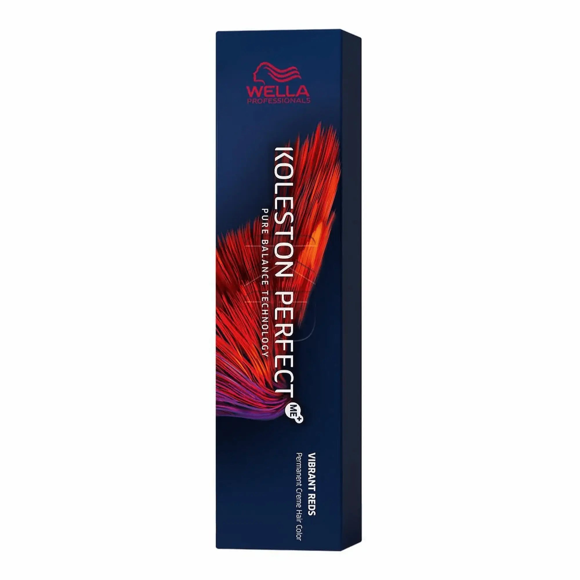 Boîte bleu foncé et tube argenté de 60 ml de Wella Koleston Perfect Vibrant Reds. L'emballage indique "Pure Balance Technology" et "Permanente Creme Colour" en plusieurs langues.